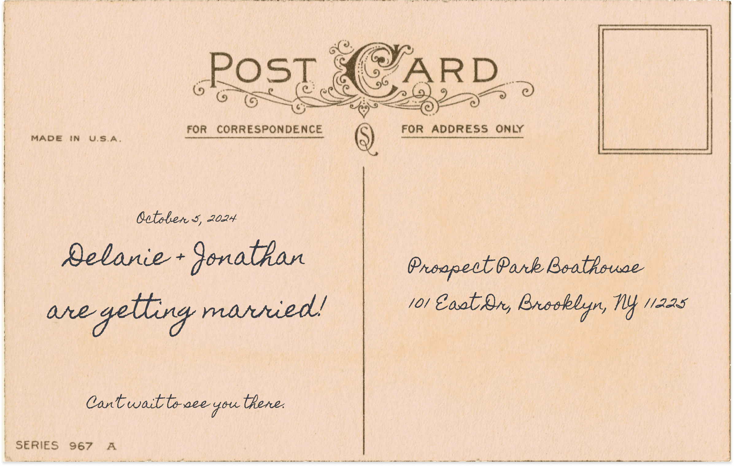 Back of postcard, writing says 'Jonathan and Delanie are getting married!'